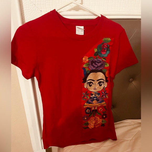 Tops - Red Graphic T-Shirt with Colorful Embroidery